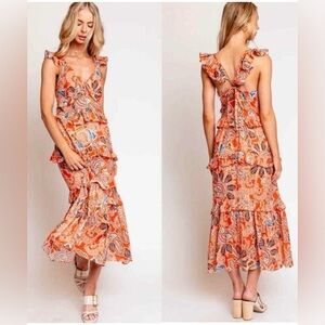 Misa Los Angeles Orange Paisley Midi Dress